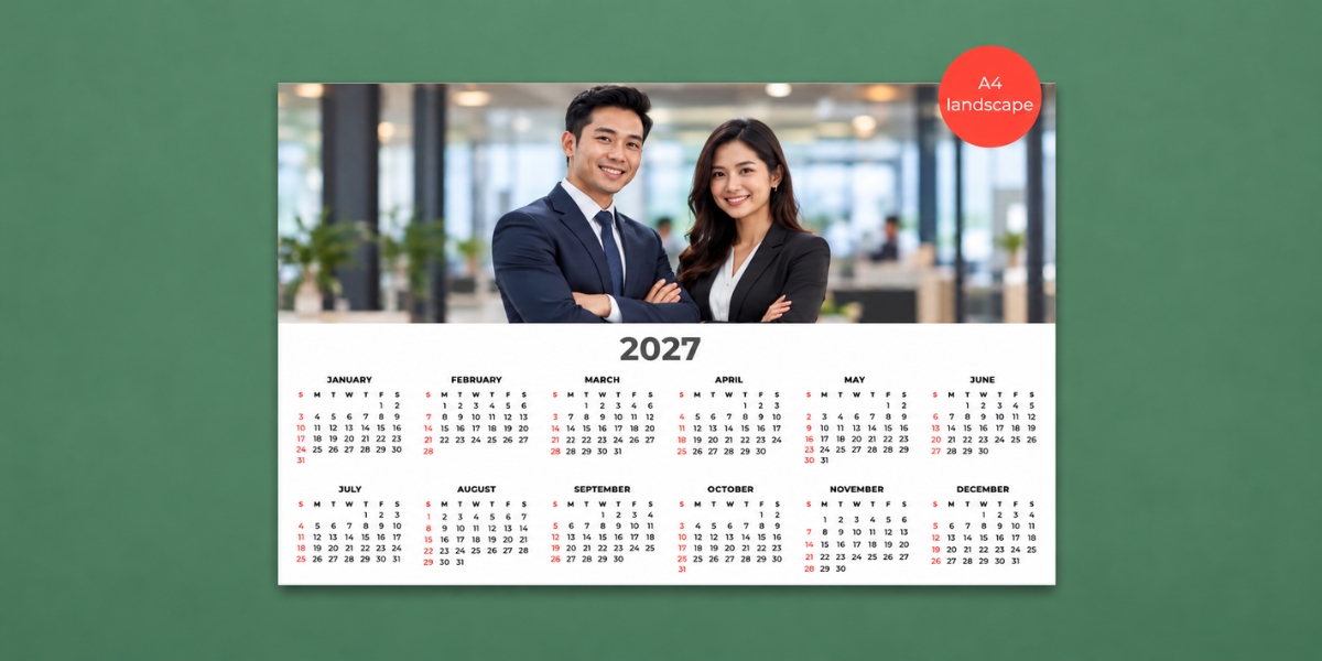 Single-sheet 2027 corporate poster calendar featuring executive team photo and full 12-month calendar grid with green border.