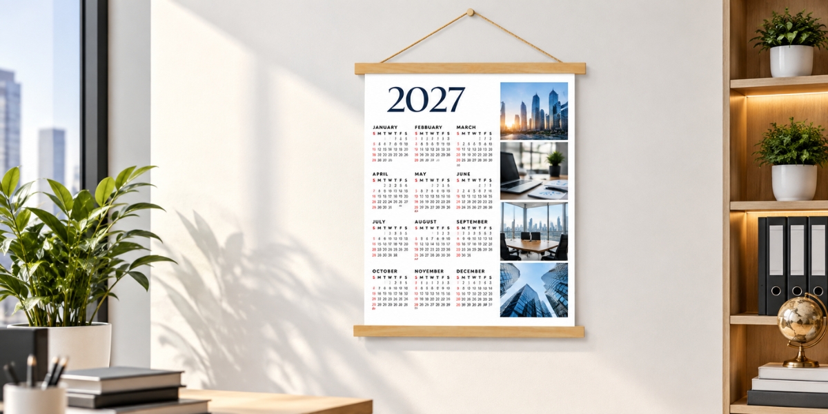 Custom 2027 hanging wooden scroll calendar with city architecture photo collage displayed on a textured wall.