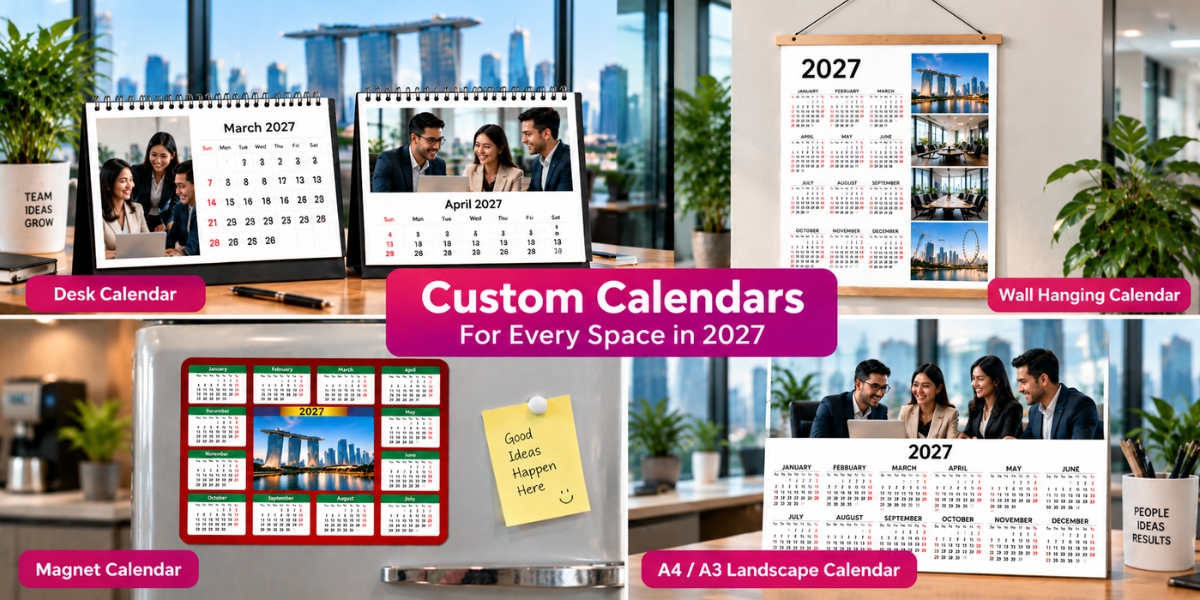 Collage showcasing custom 2027 calendar formats including desk, wall scroll, poster, and magnetic calendars for corporate printing in Singapore.