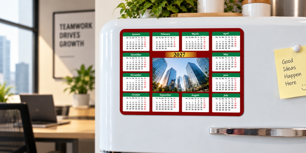 Custom 2027 magnetic fridge calendar with 12-month calendar grid and corporate logo attached to a stainless steel refrigerator door.
