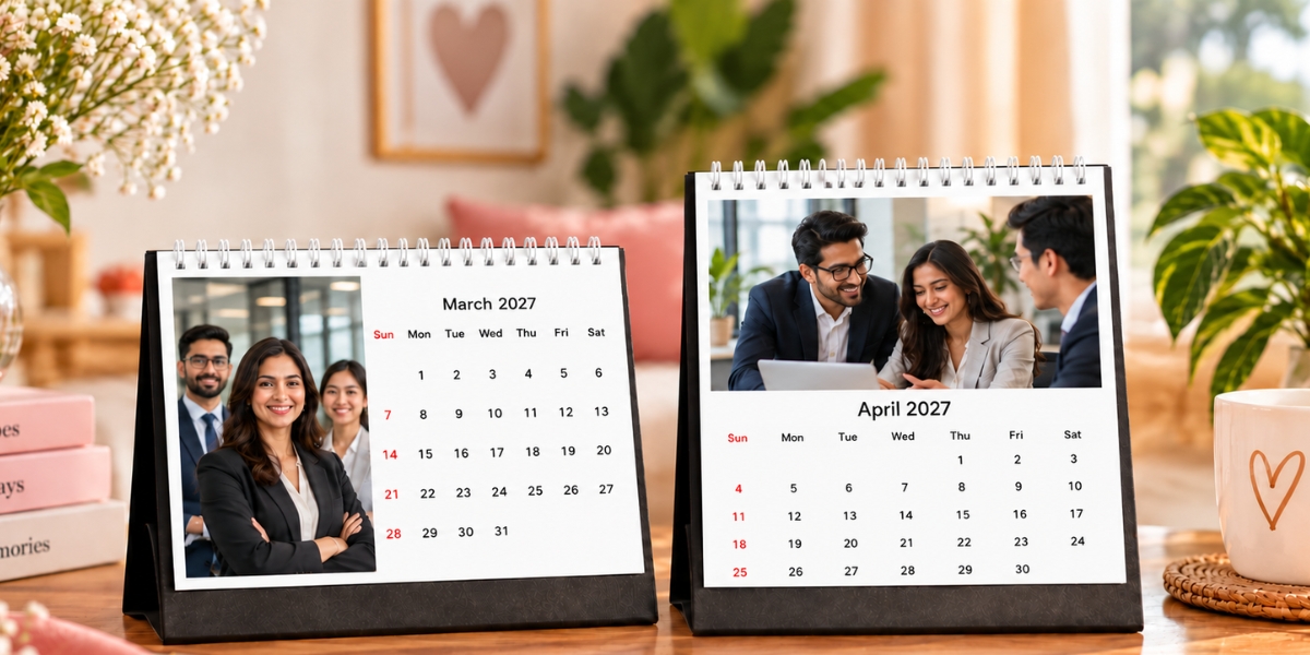 Two personalized 2027 tent-style desk calendars featuring corporate monthly view layouts and team photos placed on an office desk.