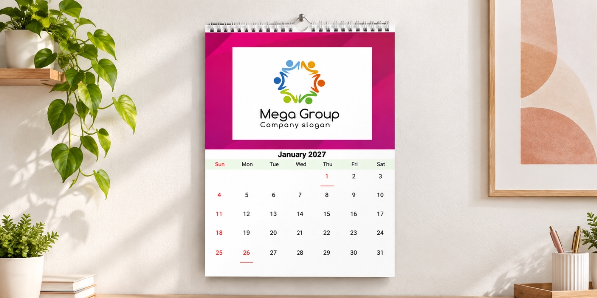 Custom 2027 wire-bound corporate wall calendar with pink top header and Mega Group logo hanging on a wall.