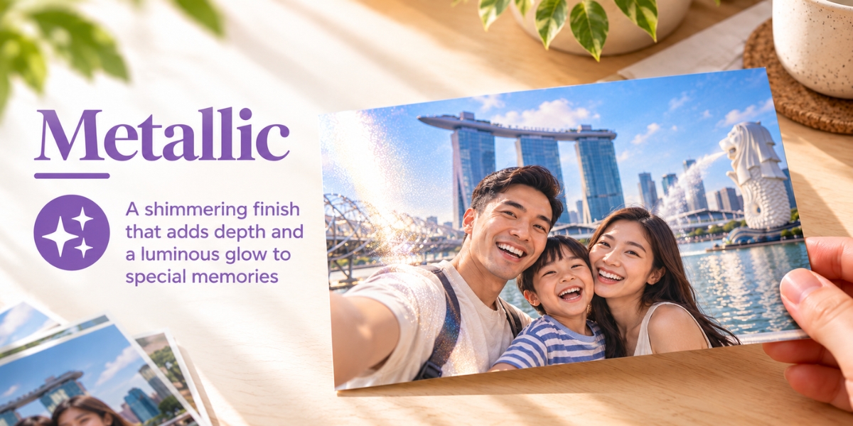 Landscape Metallic photo print showing a Singapore family moment with a shimmering paper finish.