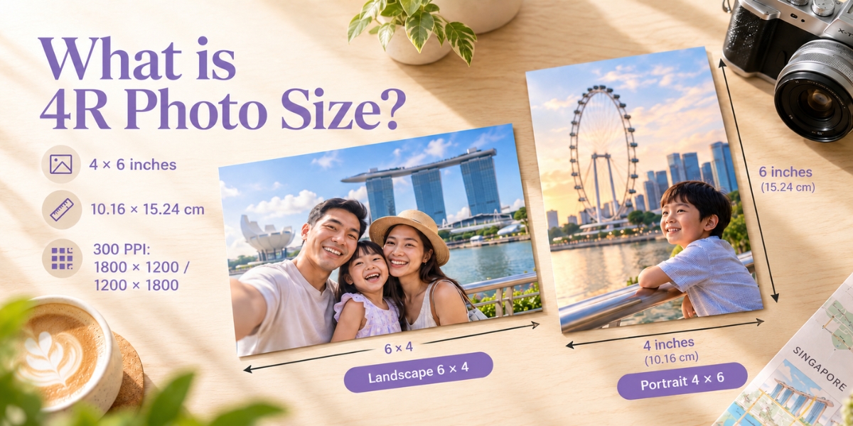 4R photo dimensions: 4×6 inches or 10.16×15.24 cm, shown in portrait and landscape.