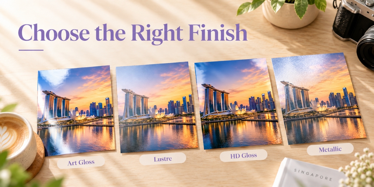 Art Gloss, Lustre, HD Gloss and Metallic photo paper finishes compared side by side.
