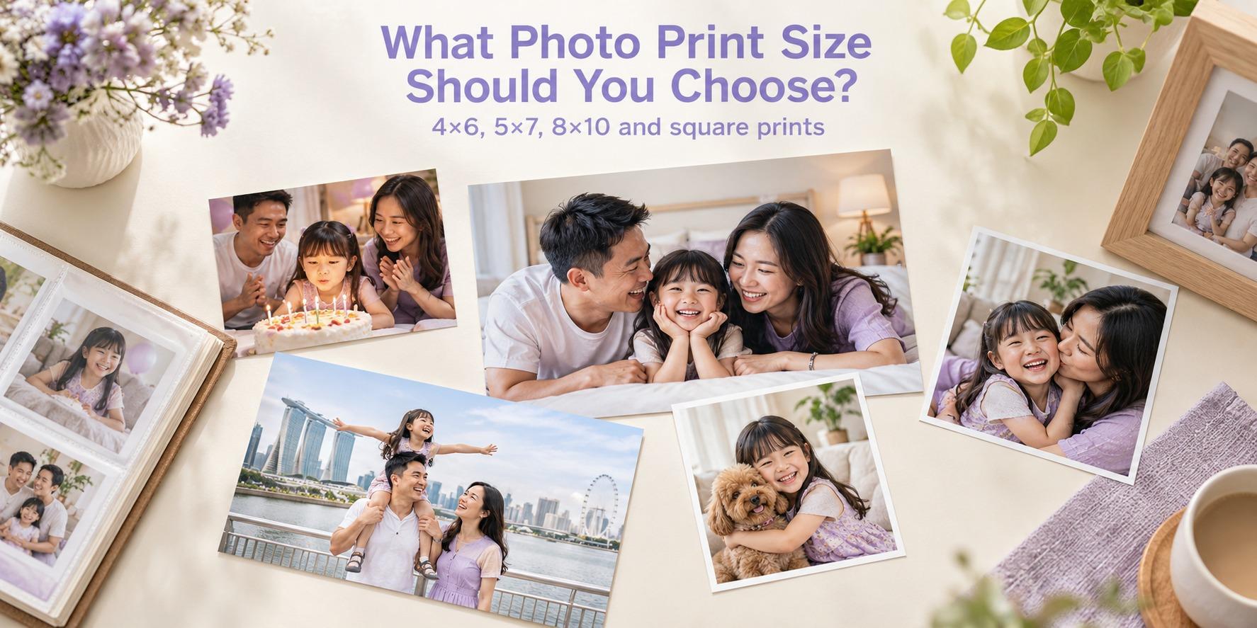 Rectangular and square photo prints showing Singapore family memories, arranged beside an album and frame.