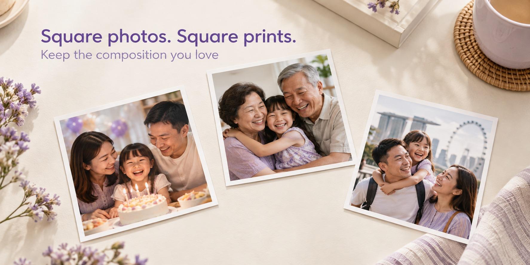 Three square photo prints with thin white borders showing a Singapore family’s birthday, grandparents and outing memories.