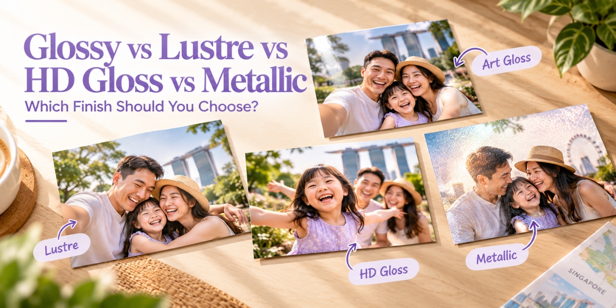 Art Gloss, Lustre, HD Gloss and Metallic photo prints illustrating different paper finishes for family photographs.